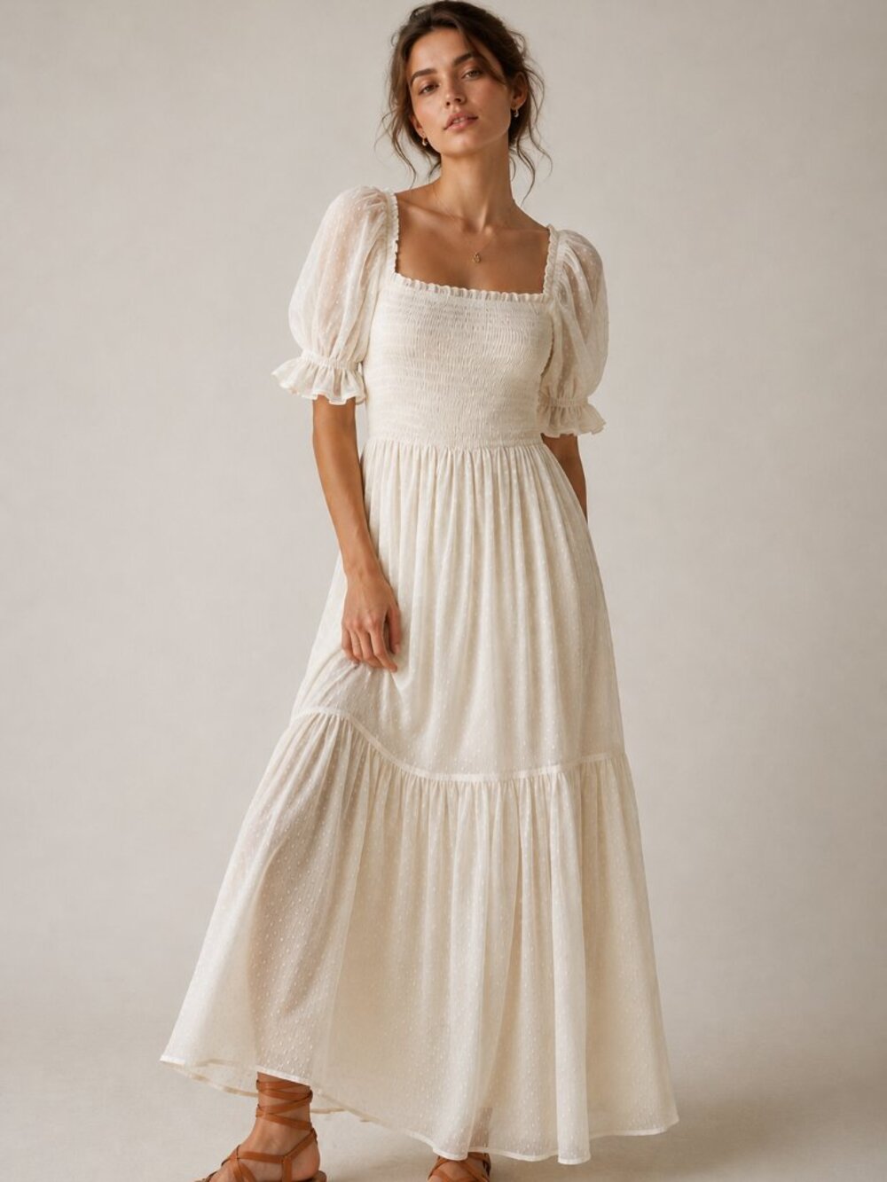 Patrons of Peace La Cruz Dress Swiss Dot Chiffon Smocked Puff Sleeve Maxi